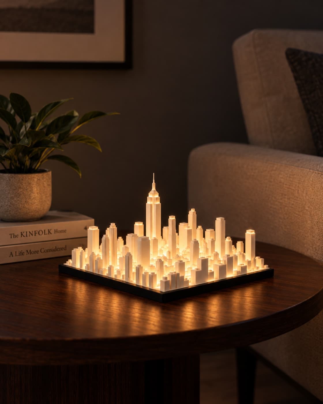 New York Skyline Lamp lit on a side table in a living room