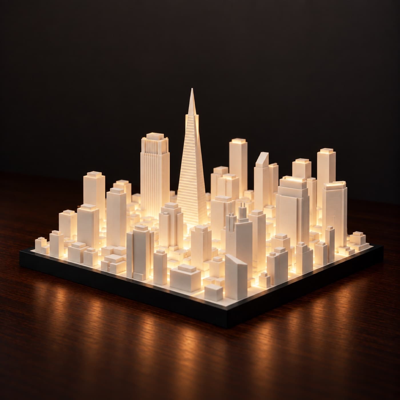 San Francisco Skyline Lamp, lit, on a dark wood table