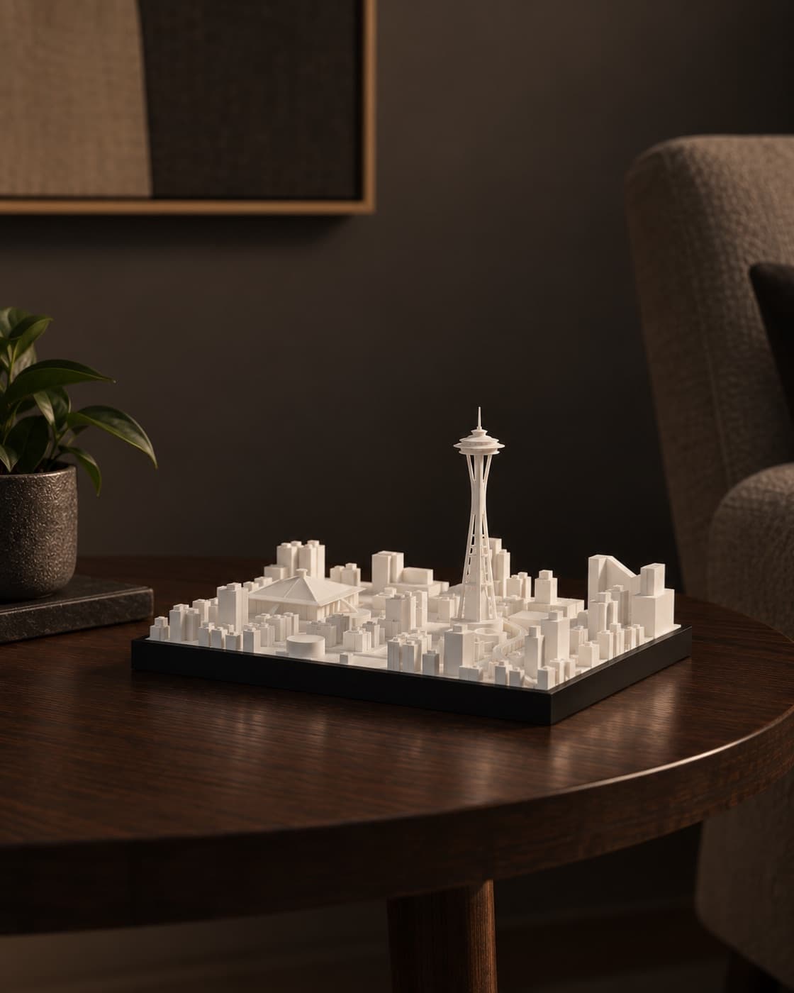 Seattle Skyline Lamp unlit on a side table